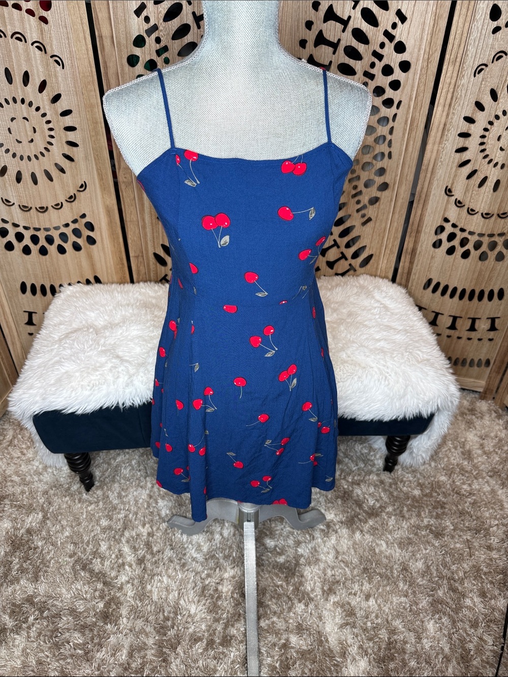 Sleeveless Navy Cherry Print Mini Dress